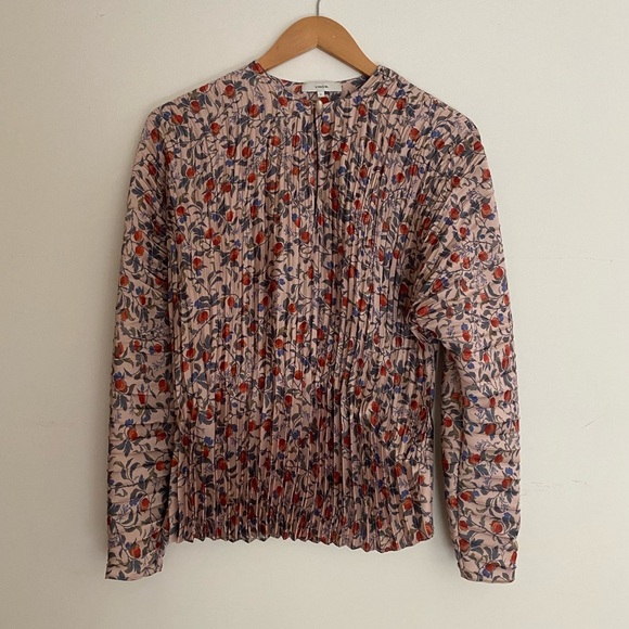 Vince Metallic Taupe Floral Satin Pleated Blouse Small Long Sleeve - Picture 4 of 6